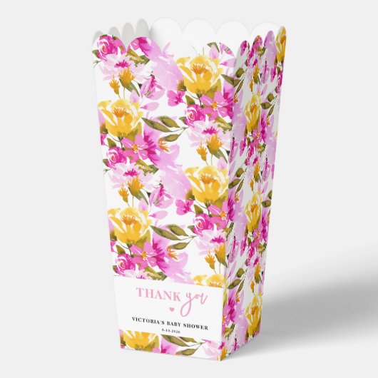 Pink Floral Baby in Bloom Baby Dusche Popcorn Geschenkschachtel (Vorderseite)