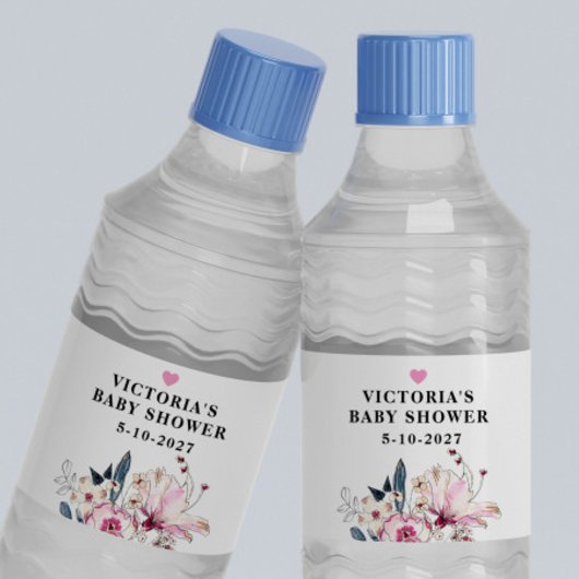 Pink Floral Baby in Bloom Baby Dusche Wasserflaschenetikett