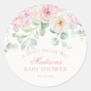 Pink Floral Baby in Bloom Baby Shower Circle Runder Aufkleber