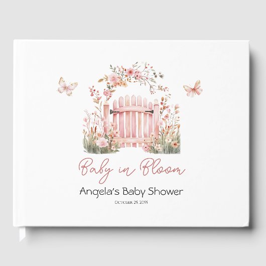 Pink Floral Baby in Bloom Butterfly Babydusche Gästebuch (Vorderseite)
