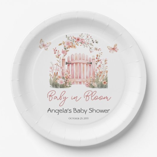 Pink Floral Baby in Bloom Butterfly Babydusche Pappteller (Vorderseite)