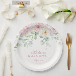 Pink Floral Baby in Bloom Hydrangea Babydusche Pappteller