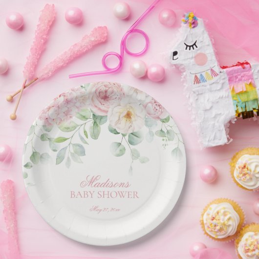 Pink Floral Baby in Bloom Hydrangea Babydusche Pappteller (Party)