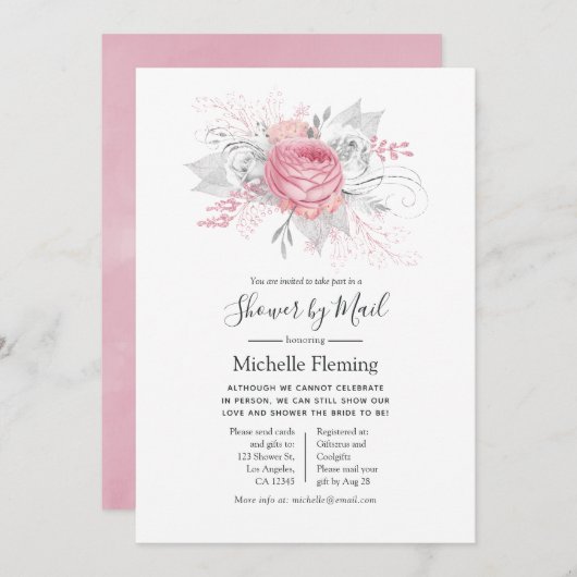 Pink Floral Baby oder Brautparty per Mail Einladung (Vorne/Hinten)