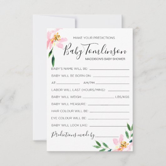 Pink Floral Baby Predictions Baby Shower Game Card Einladung (Vorderseite)