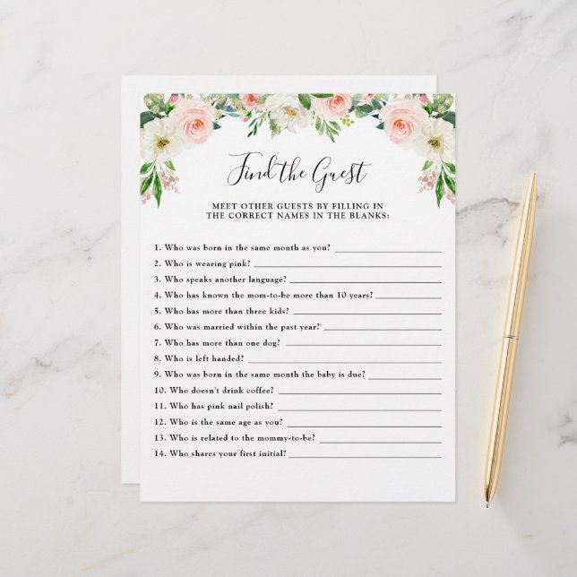 Pink Floral Baby Shower Game Finden Sie den Gast (Vorderseite/Rückseite Beispiel)
