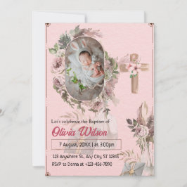 Pink Floral Baby Taufe Einladung | Modernes Minim