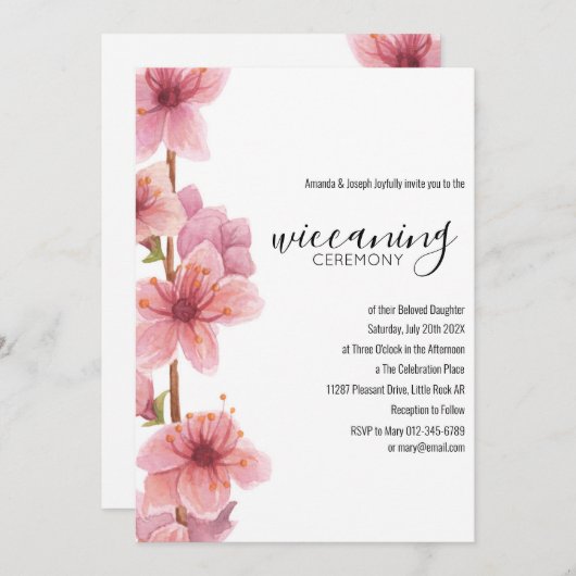 Pink Floral Baby Wiccanony Zeremonie Einladung (Vorne/Hinten)