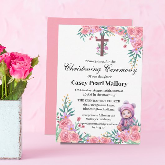 Pink Floral Babygirl Christening/Taufe Einladung