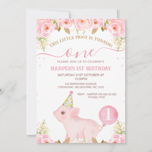 Pink Floral Ballon Dieses kleine Piggy 1. Geburtst Einladung (Vorderseite)