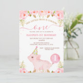 Pink Floral Ballon Dieses kleine Piggy 1. Geburtst Einladung (Stehend Vorderseite)