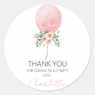 Pink Floral Ballon Erster Geburtstag Vielen Dank Runder Aufkleber