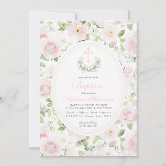 Pink floral Baptism Invitation, Girl Baptism, Einladung (Vorderseite)