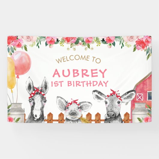 Pink Floral Barnyard Farm Hof Birthday Banner (Horizontal)