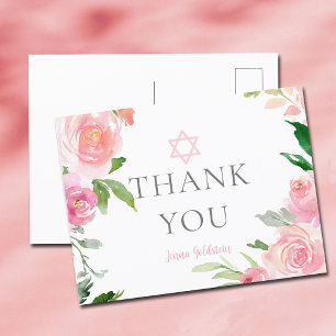 Pink Floral Bat Mitzvah Party Jüdischer Dank Postkarte