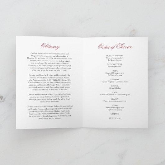 Pink Floral Beerdigung Orden des Service Foto Prog Programm (Innenseite)