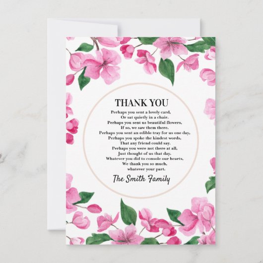 Pink Floral Beileid Danke Karte (Rückseite)