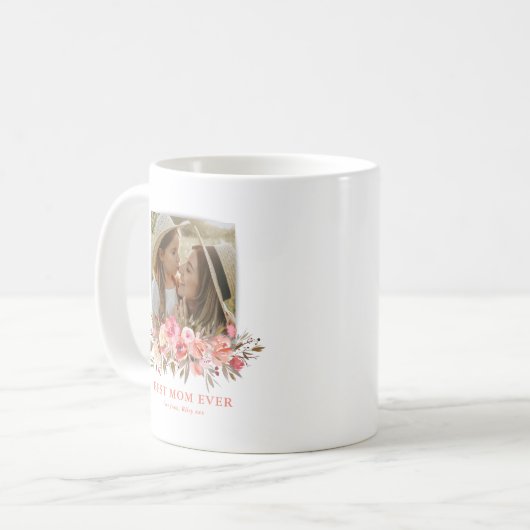 Pink Floral Best Mama Ever Foto Kaffeetasse (Vorderseite Links)