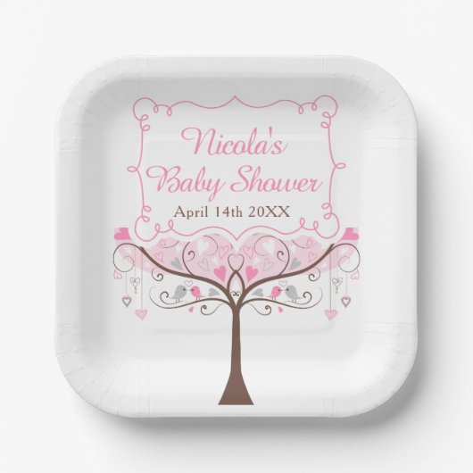Pink Floral Bird Baby Shower Pappteller (Vorderseite)