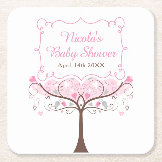 Pink Floral Bird Baby Shower  Rechteckiger Pappuntersetzer (Vorderseite)