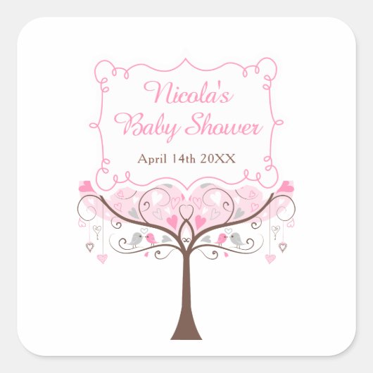 Pink Floral Bird Baby Shower Thank You Quadratischer Aufkleber (Vorderseite)