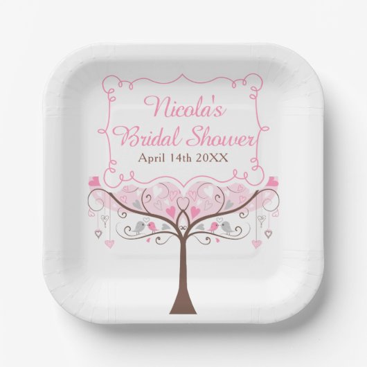 Pink Floral Bird Bridal Shower Pappteller (Vorderseite)