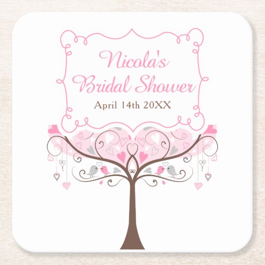 Pink Floral Bird Bridal Shower Rechteckiger Pappuntersetzer (Vorderseite)