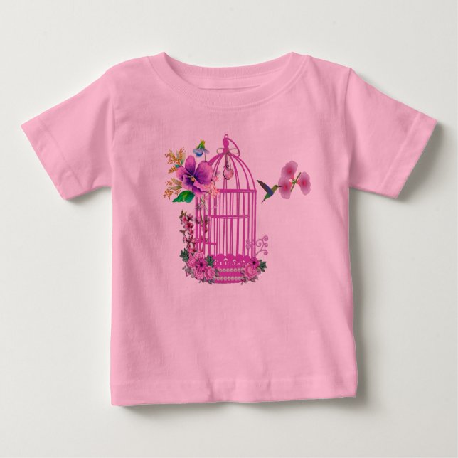 Pink Floral Birdcage Baby T-shirt (Vorderseite)