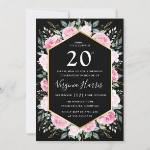Pink Floral Black 20. Geburtstag Einladung