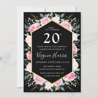 Pink Floral Black 20. Geburtstag Einladung