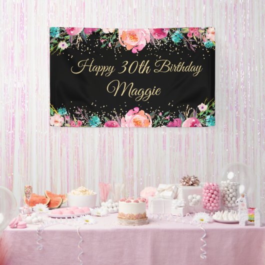 Pink Floral Black Gold Happy Birthday Banner (Party)