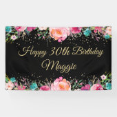 Pink Floral Black Gold Happy Birthday Banner (Horizontal)