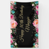 Pink Floral Black Gold Happy Birthday Banner (Vertikal)