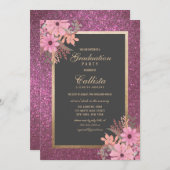 Pink Floral Blätter Aquarell Glitzer Abschluss Einladung (Vorne/Hinten)