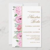 Pink Floral Blätter Nuestra Boda Spanish Wedding Einladung (Vorderseite)