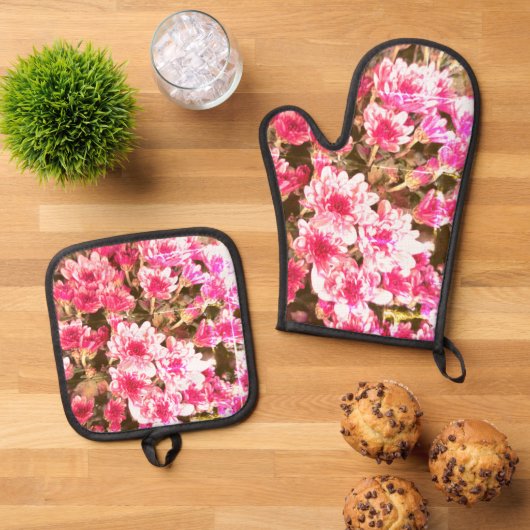 Pink Floral Bloom Pattern Ofenhandschuh & Topflappen-Set (Oben Unten)