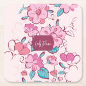 Pink Floral Blossom Script Name Paper Coaster Rechteckiger Pappuntersetzer (Vorderseite)