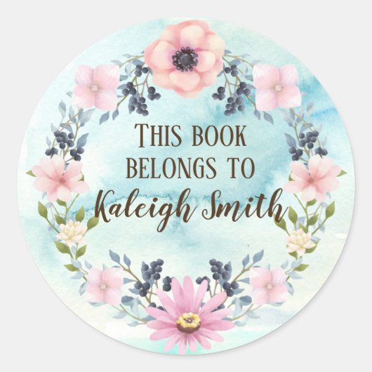 Pink Floral Blue Berreath Wasserfarbe Name Runder Aufkleber (Vorderseite)