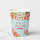 Pink Floral Blue Fiesta 1. Geburtstag Pappbecher (Rückseite)