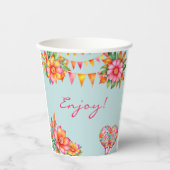 Pink Floral Blue Fiesta 1. Geburtstag Pappbecher (Vorderseite)