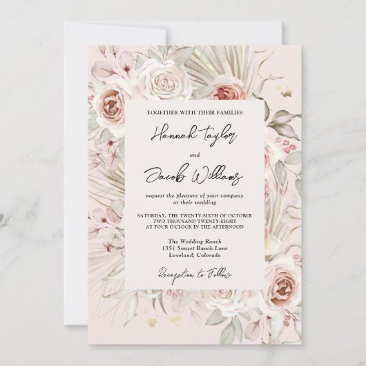 PInk Floral Boho Rustic Wedding Einladung (Vorderseite)