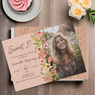 Pink Floral Boho Sweet 16 Foto Geburtstagsparty Einladung