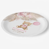 Pink Floral Boho Teddy Bear Balloon Baby Girl Pappteller (Schrägansicht)