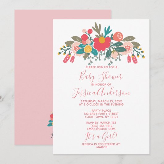 Pink Floral Bouquet Babydusche Einladung (Vorne/Hinten)