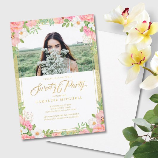 Pink Floral Bouquet Rose Sweet 16 Party Foto Einladung