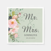 Pink Floral Bouquet Sage Green Mr. & Mrs. Wedding Serviette (Vorderseite)