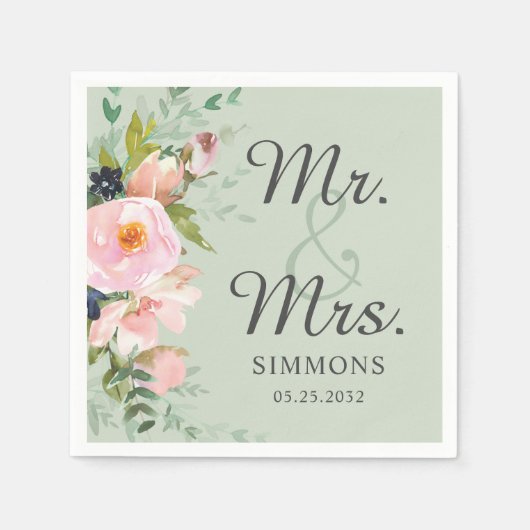 Pink Floral Bouquet Sage Green Mr. & Mrs. Wedding Serviette (Vorderseite)