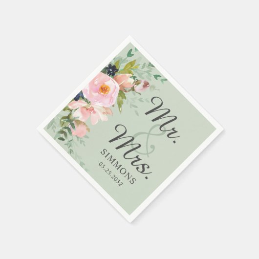 Pink Floral Bouquet Sage Green Mr. & Mrs. Wedding Serviette (Ecke)
