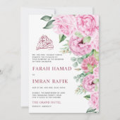 Pink Floral Bouquet Weiße islamische Hochzeit Einladung (Vorderseite)