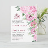 Pink Floral Bouquet Weiße islamische Hochzeit Einladung (Stehend Vorderseite)